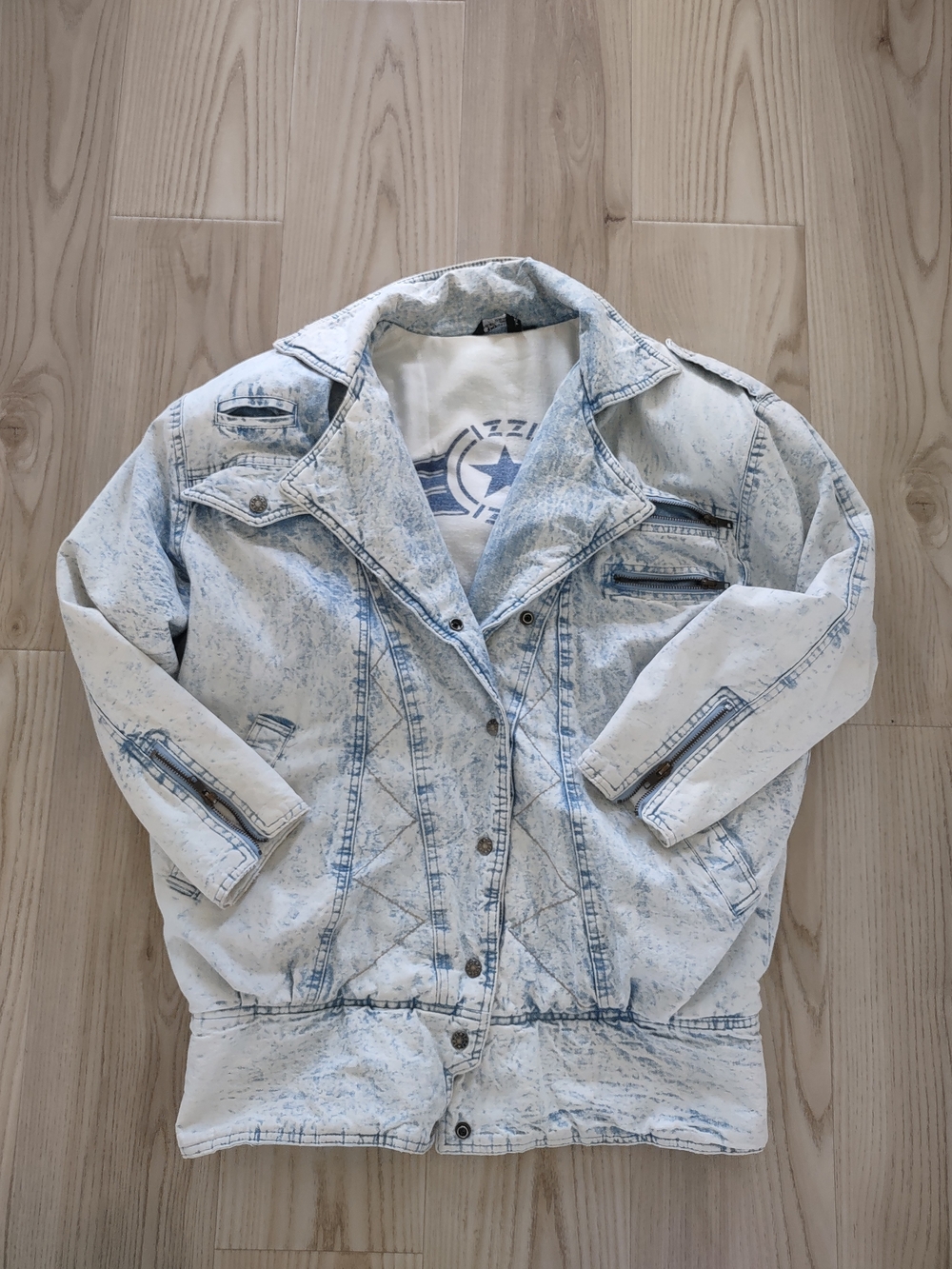 Vintage Acid Wash Denim Jacket Medium Puffer Heavy Bomber zip Izzi Coat Taiwan